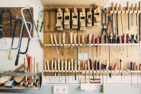 "Tools" picture shows a wall of various tools, mainly for woodworking.